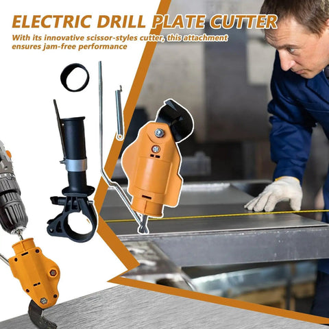Drill Attachment Metal Shears Power Nibbler Cutter for quick metal cutting on a workbench with operator using the tool.