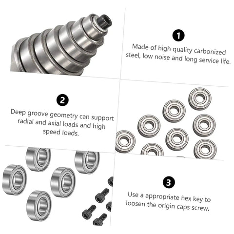12 Piece Router Bit Bearing Accessory Kit With Top Mounted Ball Bearings, Screws And Wrench For Woodworking, Pro Grade Router Bits Compatibility And Replacement Tools shown with steel bearings and screws