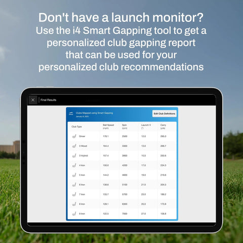 Tablet displaying club gapping report, compatible with X3C Carbon Golf Launch Monitor And Simulator With Full Radar Tracking From Tee To Green.
