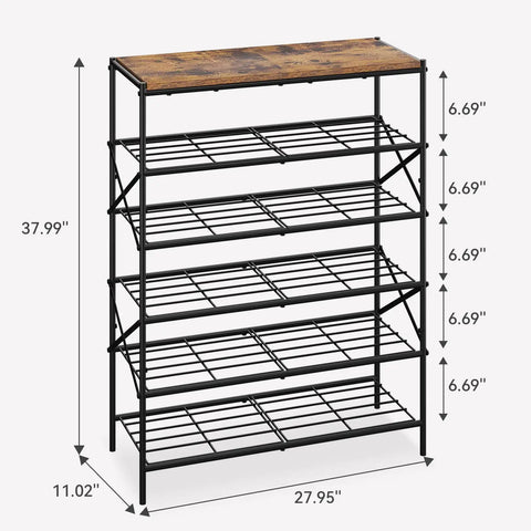 Six Tier Shoe Rack With Large Capacity Built To Stash Up To 24 Pairs Of Shoes In A Tough Metal Frame With Rustic Brown Finish