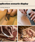 Pro Grade Leather Edge Trimming Bevel Tool Set Four Piece With French Bevel Knife and Wooden Handle in use on leather