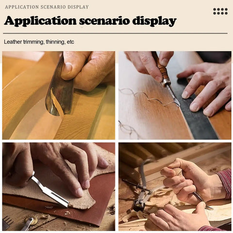 Pro Grade Leather Edge Trimming Bevel Tool Set Four Piece With French Bevel Knife and Wooden Handle in use on leather