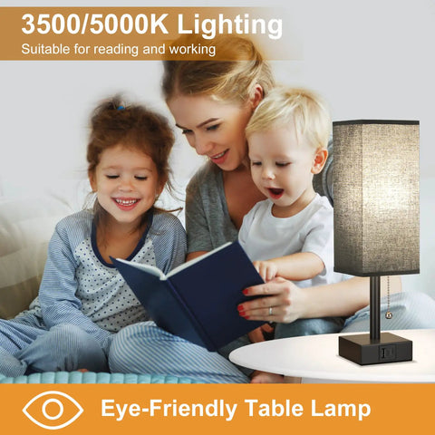 Black Bedside Table Lamp With USB C And USB A Ports, 3 Brightness Levels And 3 Color Temperatures next to family reading