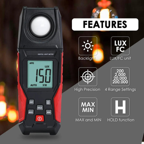 Digital Illuminance Light Meter With Backlight Lux Meter For Indoor Outdoor Use, Measures 0.1 To 200000 Lux And 0.01 To 20000 FC, Go-To Gear For Plants, Film Photography, And Lighting Setup features black red handheld display and buttons