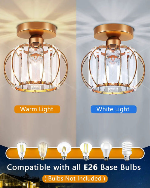 Two Pack Gold Semi Flush Mount Ceiling Lights With E26 Socket Crystal Chandeliers showing warm and white light options.