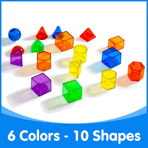 60 Piece 3D Shapes Kit For Teaching Geometric Solids For Kids, Translucent Light Table Manipulatives, colorful shapes shown