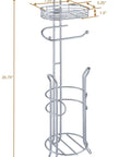 Free Standing Chrome Toilet Paper Holder With Reserve Shelf and Storage Basket, 25.75 inches tall, dimensions shown