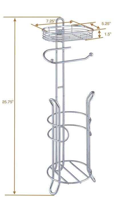 Free Standing Chrome Toilet Paper Holder With Reserve Shelf and Storage Basket, 25.75 inches tall, dimensions shown