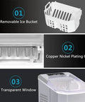 Portable Slick Countertop Ice Maker With Fast Bullet Ice Cubes Ready In Eight Minutes And 33 Pounds Daily For Kitchen Bar Or Game Room Chill Setup components with removable ice bucket, copper nickel grid, and transparent window.