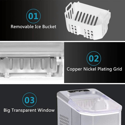 Portable Slick Countertop Ice Maker With Fast Bullet Ice Cubes Ready In Eight Minutes And 33 Pounds Daily For Kitchen Bar Or Game Room Chill Setup components with removable ice bucket, copper nickel grid, and transparent window.