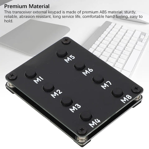 Compact Ham Radio Transceiver Keyboard with nine labeled shortcut keys for quick Push-To-Talk, durable ABS build, portable design.