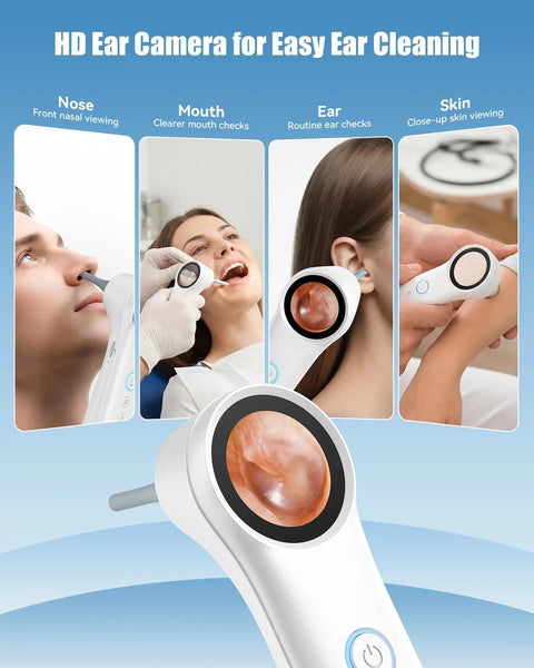 1080P Ear Camera With Light For Easy Home Checks Otoscope For Adults And Kids 1.21 Inch IPS Screen With Four Adjustable LEDs Real Time Preview Without Phone Ear Wax Removal Tool For Clear Visibility showing nose, mouth, ear and skin use