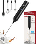 Rechargeable Handheld Milk Frother With 3 Speeds And 3 Stainless Whisks For Coffee, Matcha, Lattes, Cappuccino And More Easy No Fuss Barista Grade Foam Maker For Creamy Froth At Home Black, showing product and packaging with USB cable.