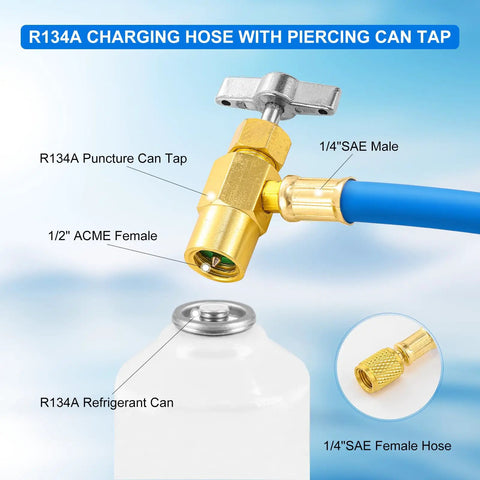 Slick R134A Refrigerant Recharge Kit With Heavy Duty Charging Hose And Dual Dial Gauge For Fast Home AC Cool Down Includes BPV31 Bullet Piercing Tap Valve And Self Sealing Adapter For No Sweat Maintenance