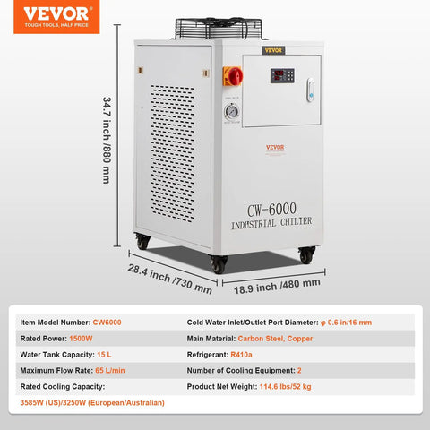Rugged Industrial Water Chiller Built To Crush Heat Fast With 65 Liters Per Minute Flow And A 15 Liter Tank showcasing detailed specs.