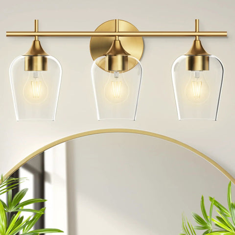 Gold Three Light Vanity Light Over Mirror For Bathroom Modern Wall Mount With Glass Shades Champagne Brass Finish UL Listed