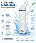 26 Oz MagSafe Water Bottle With Snap On Phone Cradle Double Wall Steel Keeps Your Hydration Icy All Day Long Zero Drip Build Pumped Up For Heavy Sweats Weekend Campouts And Nationwide Road Warrior Runs Ivory with water splash background.