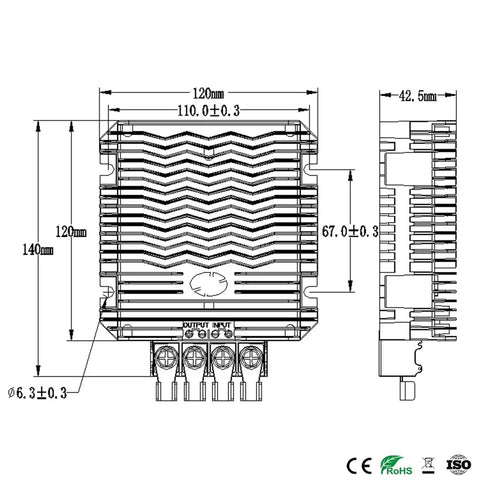 Rugged 60 Amp DC DC Buck Converter Regulator dimensions 140 x 120 x 42.5mm for 18 to 90V to 12V output suitable for golf carts.