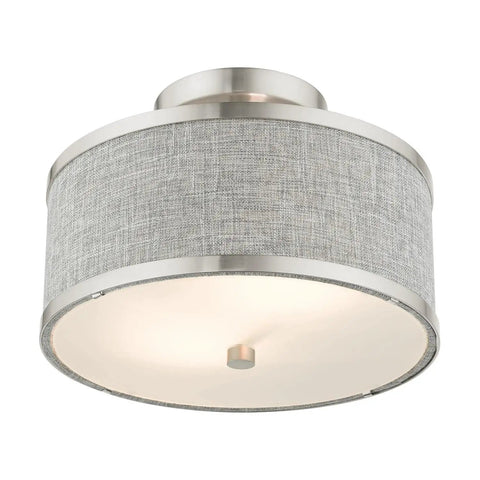 Two Light Brushed Nickel Semi Flush Ceiling Light With Gray Fabric Hardback Shade 11x11x8 Inches Requires 2 40W Medium Base Bulbs Not Included Park Ridge Collection, featuring a contemporary round design.