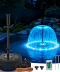 Floating Pond Fountain Pump With Lights Remote Control RGB LED 660 GPH Aerator, night view of blue-lit spray in pool setting
