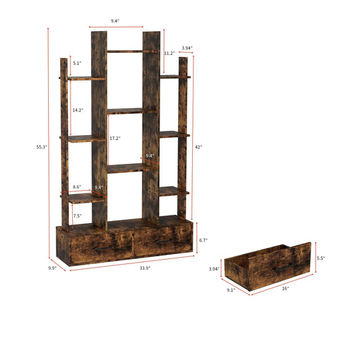 Vintage Industrial Freestanding Bookcase With 12 Shelves And 2 Drawers In Rustic Brown Finish For Living Room Bedroom Study Or Home