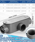 Four Pack 3/4 Inch Threaded T Type Conduit Body With Stamped Steel Cover And Die Cast Aluminum Junction Box shown with measurements.