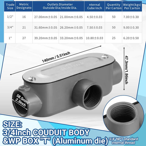 Four Pack 3/4 Inch Threaded T Type Conduit Body With Stamped Steel Cover And Die Cast Aluminum Junction Box shown with measurements.