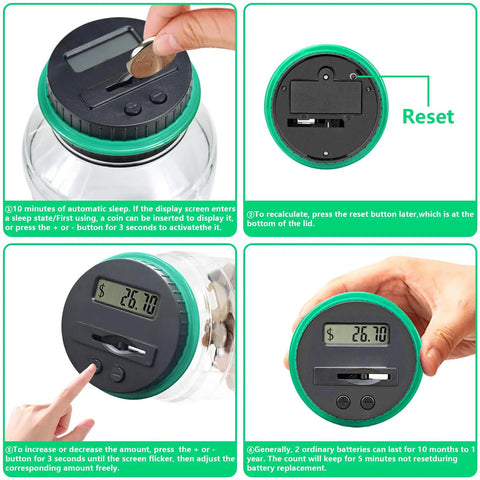 Digital Counting Piggy Bank With LCD Display For Adults 1.8L Transparent Coin Jar showing coin insertion, display, and reset button