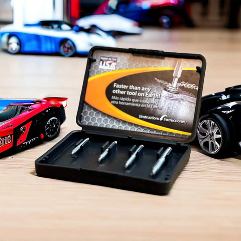 Grabit Micro 4 Piece Bolt And Screw Extractor Kit For Tiny Stripped Fasteners Ideal For PC Mac Electronics And Precision Repairs Pentalobe Compatible For Apple Devices And RC Models Made In The USA Alden, kit in open black case with RC cars in background.