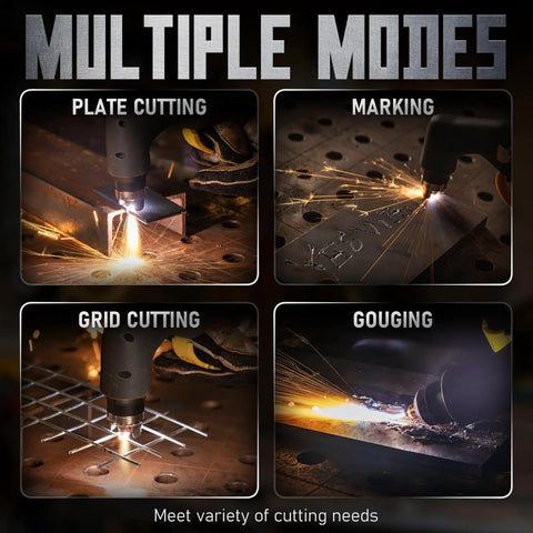 All In One 65 Amp Plasma Cutter Dual Voltage 110V 220V Non HF Non Touch Pilot Arc Plate Cutting Grid Cutting Gouging Marking 4 In 1 Multifunction Metalworking Tool For Home Shop Pros in action with multiple cutting modes.