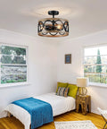 Bedroom with Three Light Farmhouse Ceiling Light With Rustic Black And Wood Grain Finish, Modern Drum Semi Flush Mount