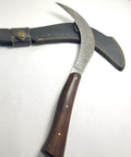 Hand Crafted Damascus Steel Sickle Knife with full tang and stabilized rosewood handle, sheath included
