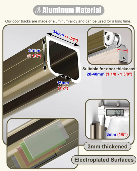 Diagram showing measurements and features of heavy duty sliding door hardware kit track system in aluminum with electroplated surfaces.