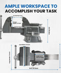 Image of Beefy 5.5 Inch Bench Vise With Anvil And 210 Degree Swivel Base showing dimensions and features