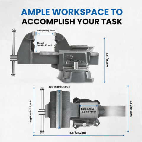 Image of Beefy 5.5 Inch Bench Vise With Anvil And 210 Degree Swivel Base showing dimensions and features