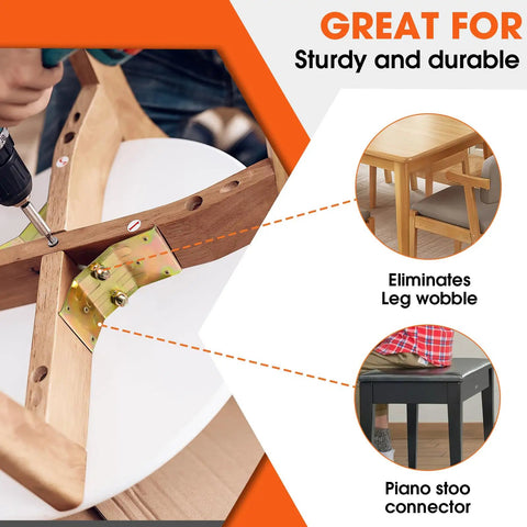 Heavy Duty Iron L Shaped Corner Brackets For Tables And Benches Rock Solid Build With Self Aligning Hanger Bolt Hardware Kit installed on wooden furniture.