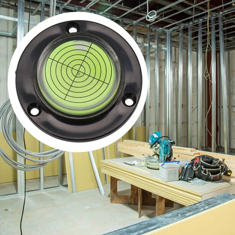 For Bullseye Bubble Level, Round Circular For Spirit Vial, Alignment Tool in black housing with green liquid and grid design.