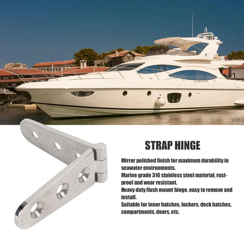 Tough As Nails Heavy Duty Strap Hinges, 1 Pair Real Deal Stainless Steel Marine Grade Hardware, Three Mounting Holes for boats.