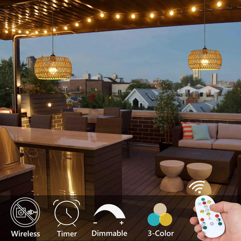Slick Battery Operated Chandelier With Remote, 11.8 Inch Woven Rattan Cordless Pendant Light For Indoor Outdoor Patio And Porch, Rechargeable Boho Ceiling Fixture Built Different hanging over patio with remote control.