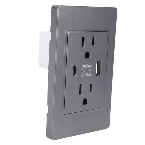 Heavy Duty Wall Outlet With Fast USB And Type C Ports, 15 Amp Flame Retardant Electrical Receptacle, side view of socket.