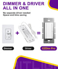 LED Driver And Dimmer Switch In One 60W 12V DC For Tape Strip Lights With Dead Simple Setup Super Smooth Wall Dimming And Zero Extra Adapters Needed Quick Junction Box Hookup Clean White Housing displayed with components.