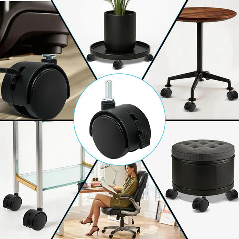 Heavy Duty Swivel Caster Wheels With Locking Brakes And Smooth Rolling Motion Tough As Nails For Office Furniture Carts Shelves And Dollies Easy Install Slick Glide displayed on various furniture including chairs and tables.