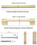 10 Pack Brushed Brass Knurled Cabinet Handles 5 Inch Center to Center dimensions diagram with screws shown