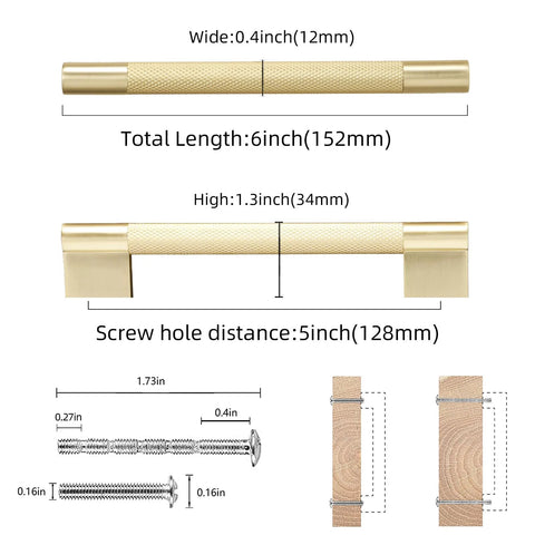 10 Pack Brushed Brass Knurled Cabinet Handles 5 Inch Center to Center dimensions diagram with screws shown