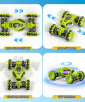 Gesture control RC stunt car showing 360-degree movements and side-walking capabilities on a blue background.