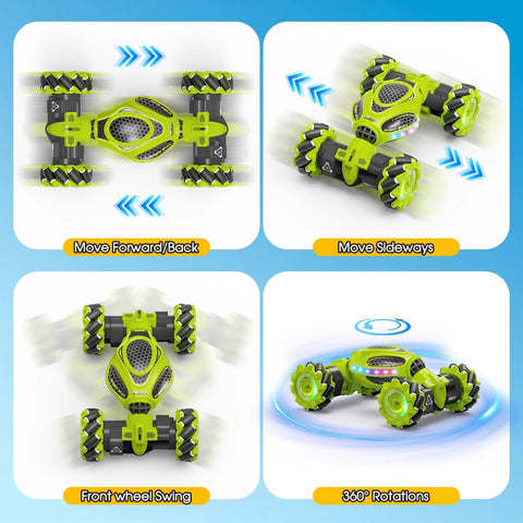 Gesture control RC stunt car showing 360-degree movements and side-walking capabilities on a blue background.