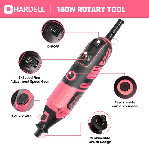Rock Solid Corded Rotary Tool Kit With 180 Watt Motor Variable 8000 To 35000 Rpm showing 6-speed control and spindle lock.