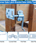 Pro Grade Truck Stake Bed Latches Bracket Set With Tough As Nails Corner Connectors and No Sweat Straight Side Gate Hardware for Easy Hookup on Trailers Wagons and Wood Fencing, with close-up of corner latch on wood.