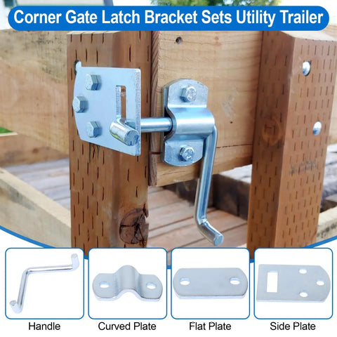 Pro Grade Truck Stake Bed Latches Bracket Set With Tough As Nails Corner Connectors and No Sweat Straight Side Gate Hardware for Easy Hookup on Trailers Wagons and Wood Fencing, with close-up of corner latch on wood.