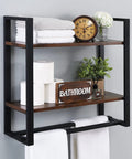 Industrial Rustic Two Tier Wall Shelf Over Toilet, With Double Adjustable Bar Floating Shelves, 23.6 Inch Metal Black Bathroom Organizer